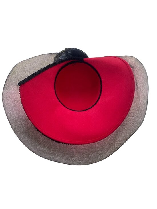 Wide Brim Red & Black Wool Fascinator Hat With Mesh Flower Detail Vintage Style main image 4